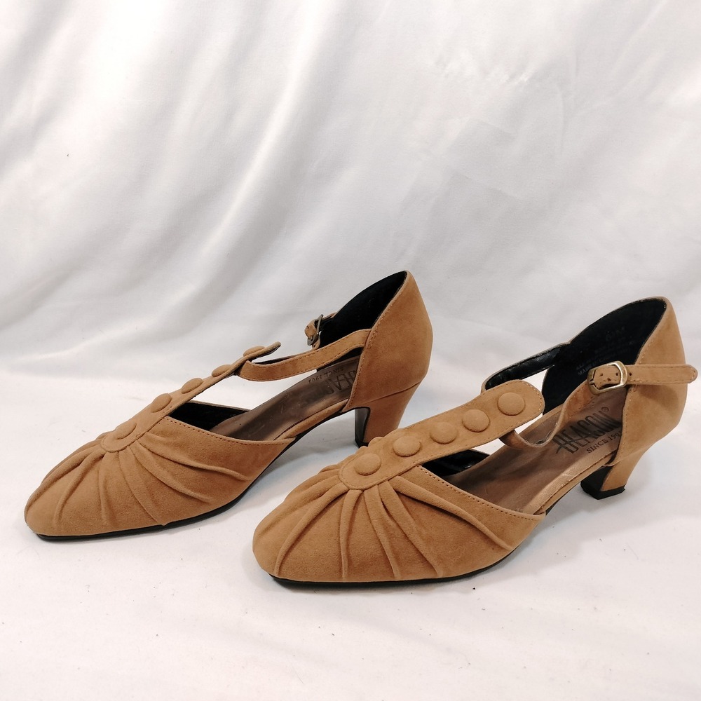 Beacon Tan T-Strap Heels; Vintage Style, Pleated Toe, Button Detail